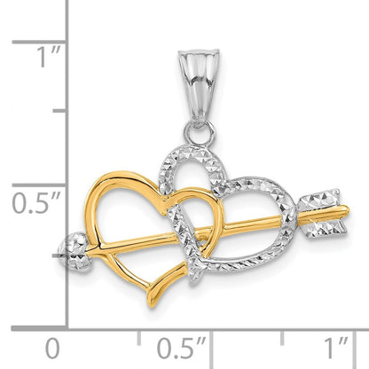 14k Yellow Gold with White Rhodium Diamond-cut Hearts and Arrow Pendant