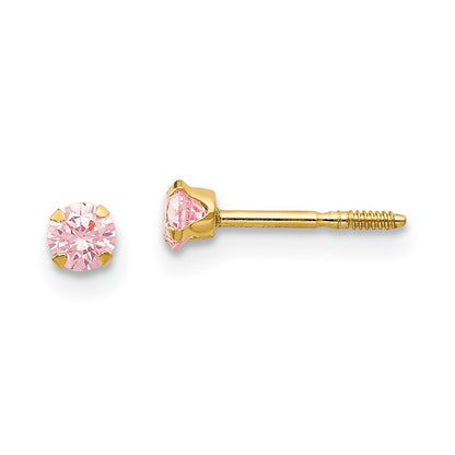 14k Yellow Gold 3mm Pink CZ Earrings