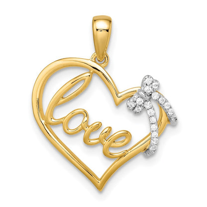 14k Two-tone Gold Polished Heart with Bow Diamond Pendant for Women