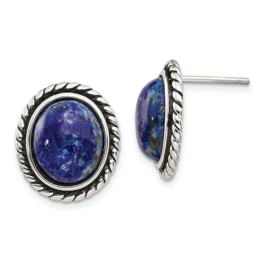 Sterling Silver Polished/Antiqued Lapis Cabochon Earrings