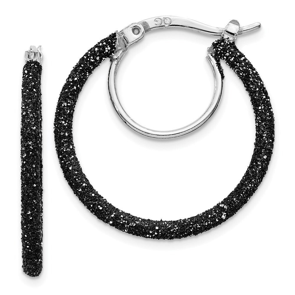 Sterling Silver Rhodium/Black Glitter Enamel 2x25mm Hoop Earrings