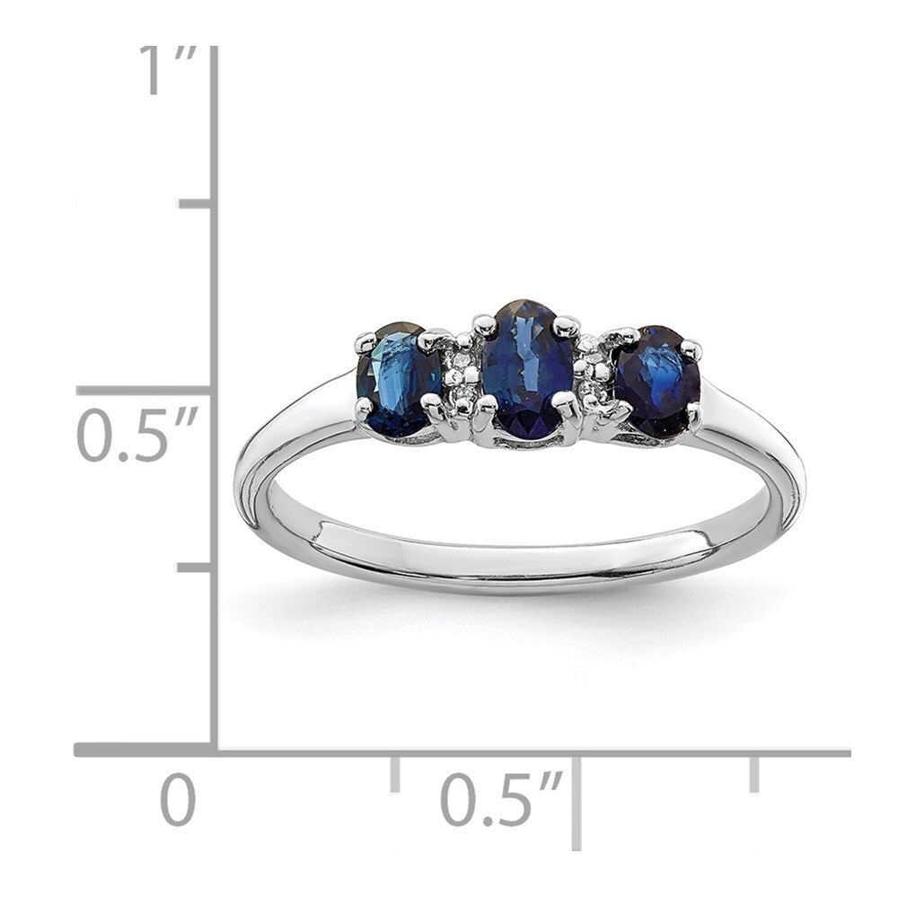 Sterling Silver Rhodium 3 Oval Sapphire & Diamond Ring Size 7