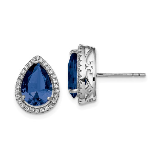 Sterling Silver Rhodium Created Sapphire & CZ Earrings
