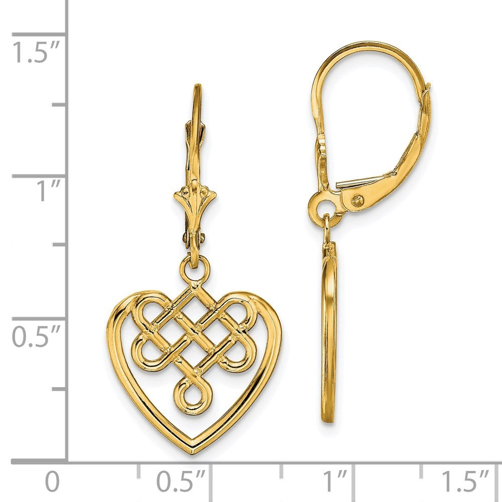14k Yellow Gold Celtic Knot Heart Drop Dangle Earrings