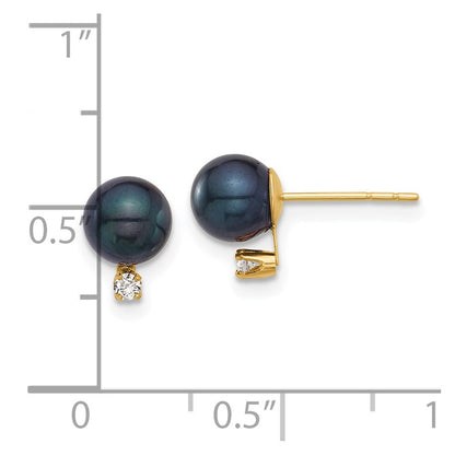 14k Yellow Gold 7mm Black Akoya Saltwater Cultured Pearl & Diamond Stud Earrings