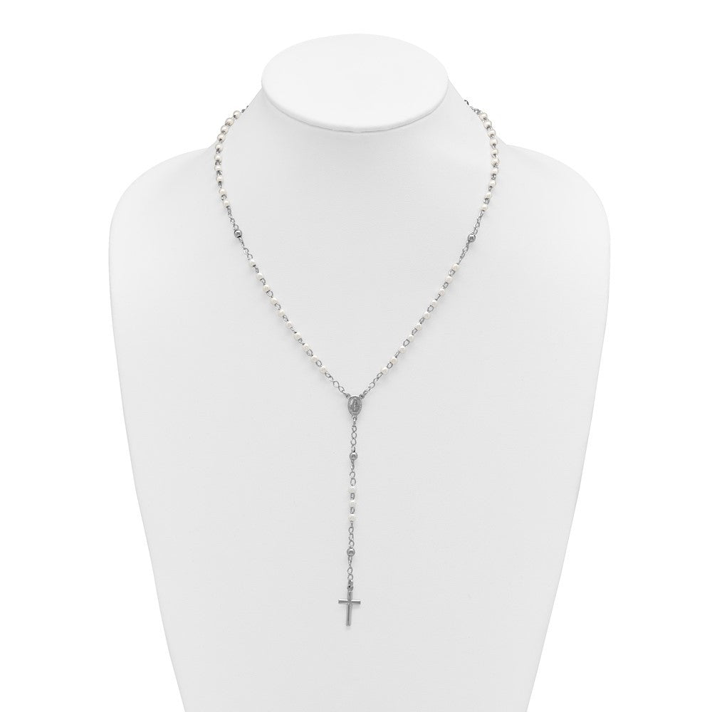 Sterling Silver Plastic Imitation Pearl Rosary Necklace 19.75+1"