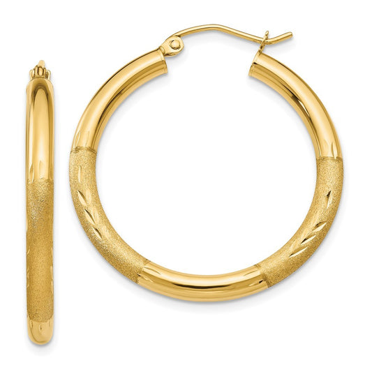 14k Yellow Gold Satin and Diamond-cut 3mm Round Hoop Earrings