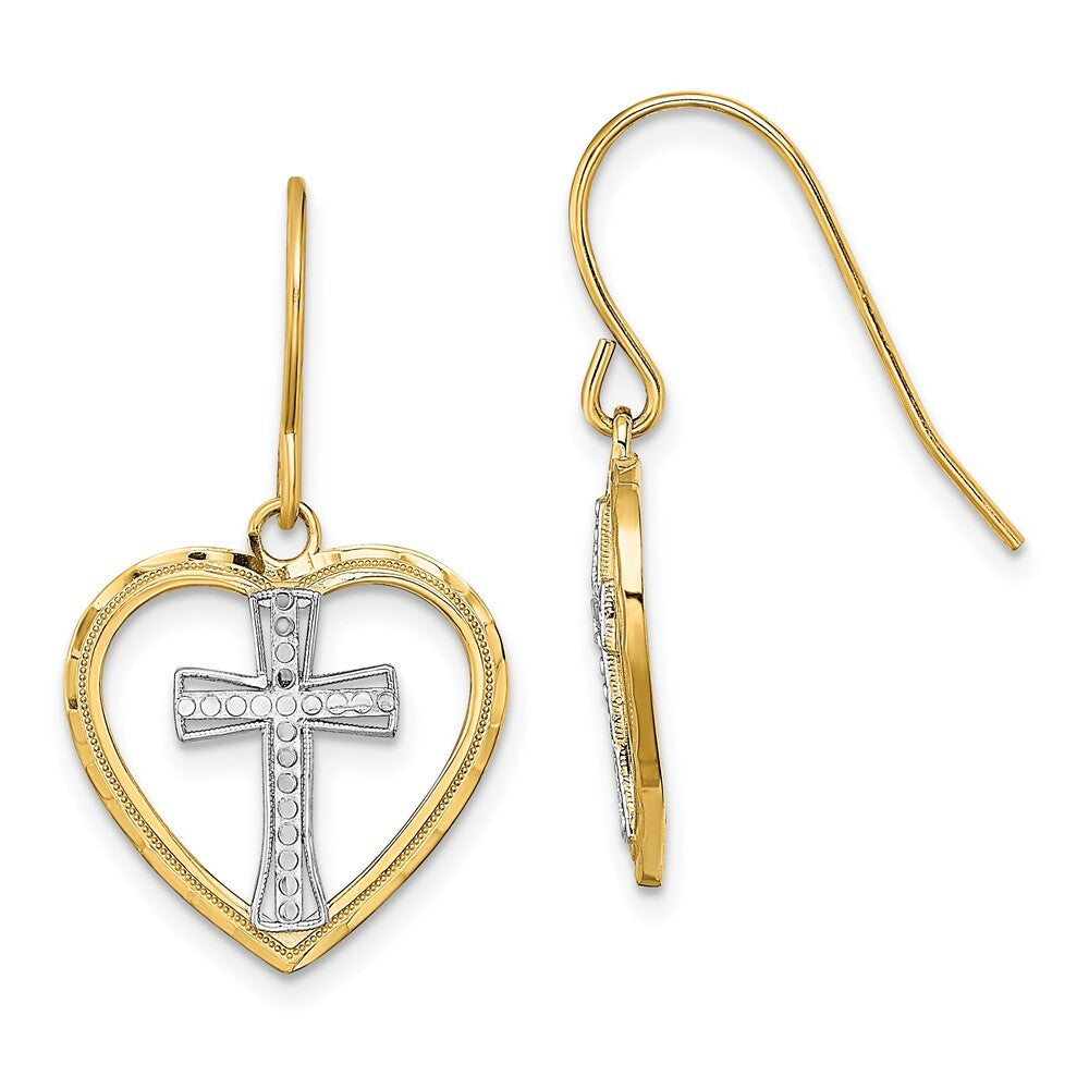 14k Yellow Gold Rhodium Cross In Center Heart Stud Earrings Gift for Women