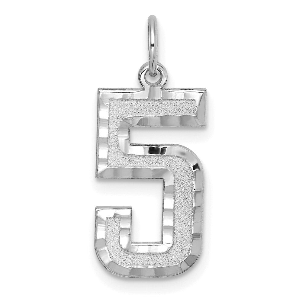 14k White Gold Large Brushed Diamond-cut Number 5 Charm Pendant for Women