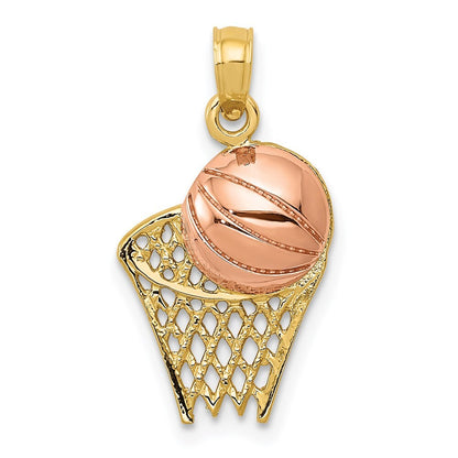 14k Two-tone Gold Basketball Hoop with Ball Pendant for Women