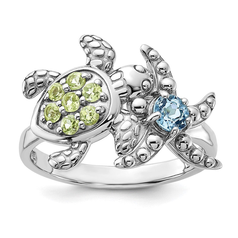 Sterling Silver Peridot and Swiss Blue Topaz Turtle and Starfish Ring Size 8