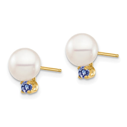 14k Yellow Gold 7-7.5mm Freshwater Cultured Pearl & Tanzanite Earrings