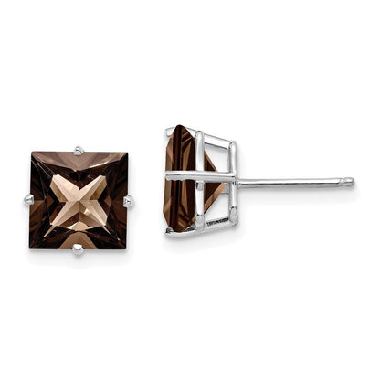 14k White Gold Princess 4-Prong 8.0mm Smoky Quartz Stud Earrings Gift for Women
