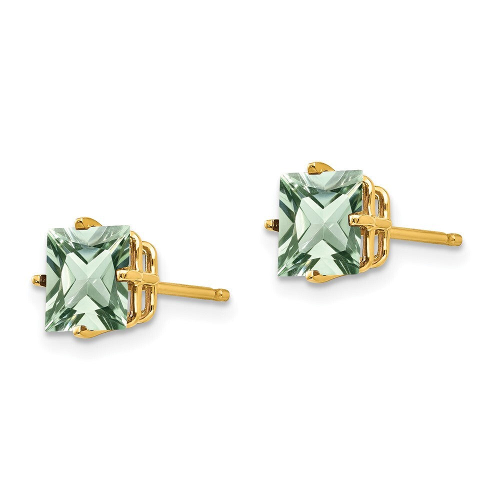 14k Yellow Gold 6mm Square Green Quartz Stud Earrings Gift for Women
