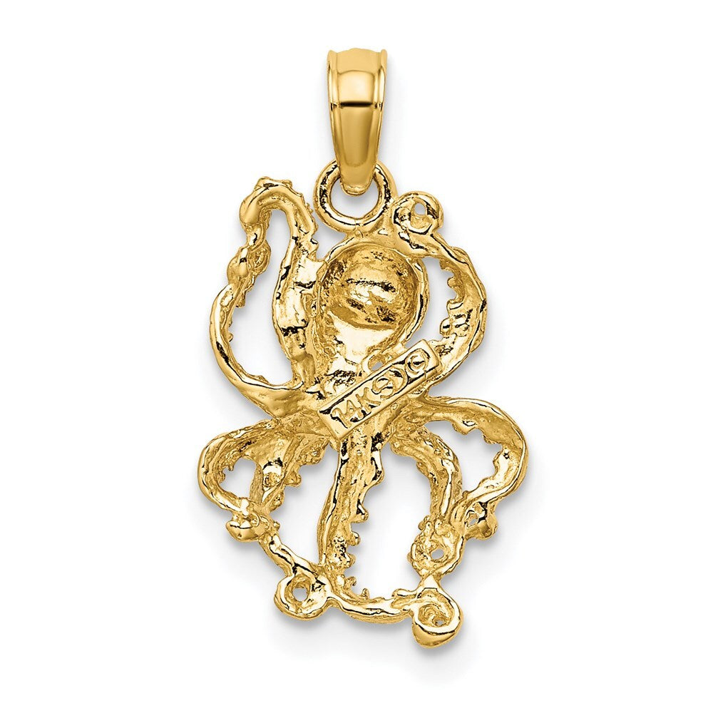 14k Yellow Gold with White Rhodium Textured Octopus Charm Pendant for Women