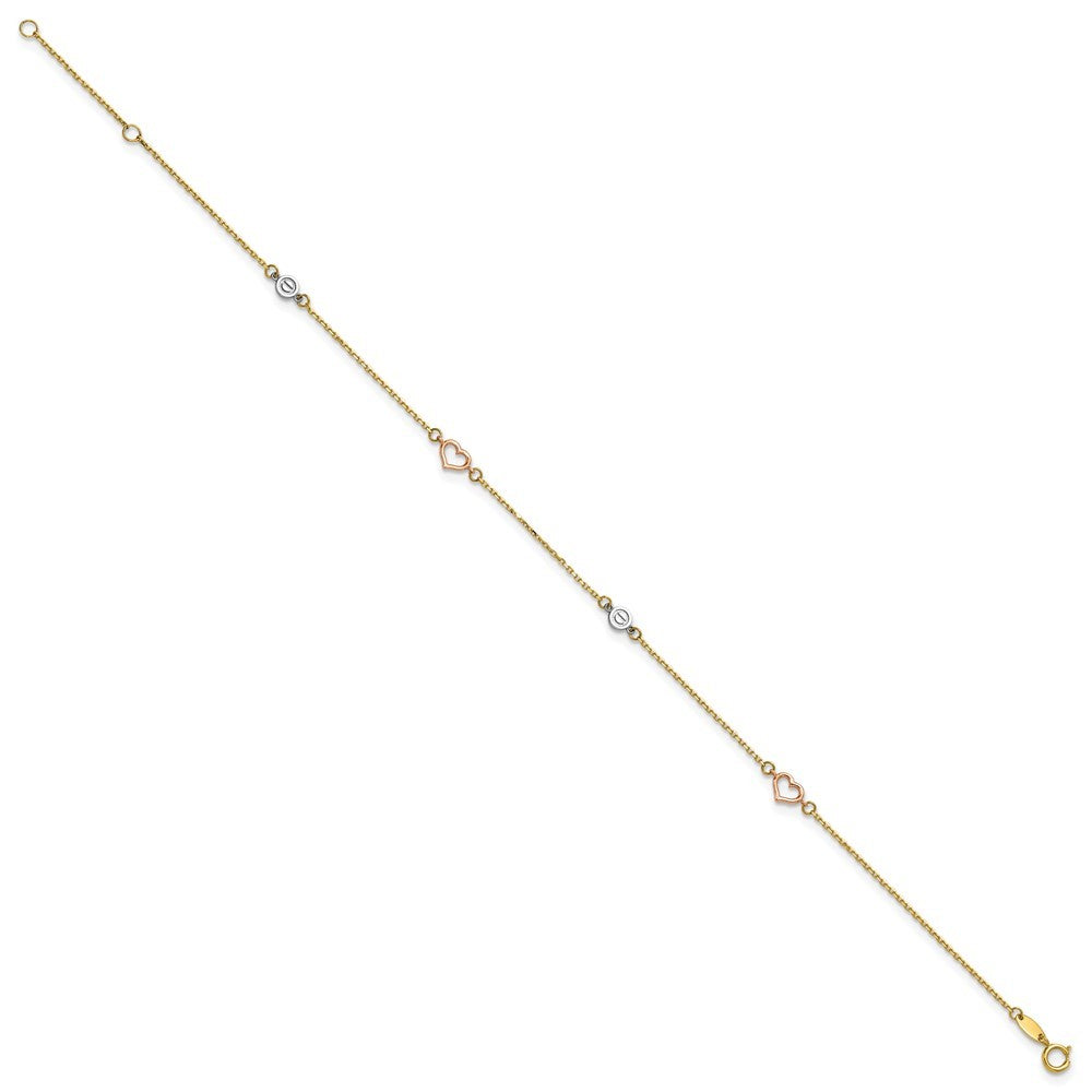 14k Tri-color Polished Hearts and Circles 10" Anklet