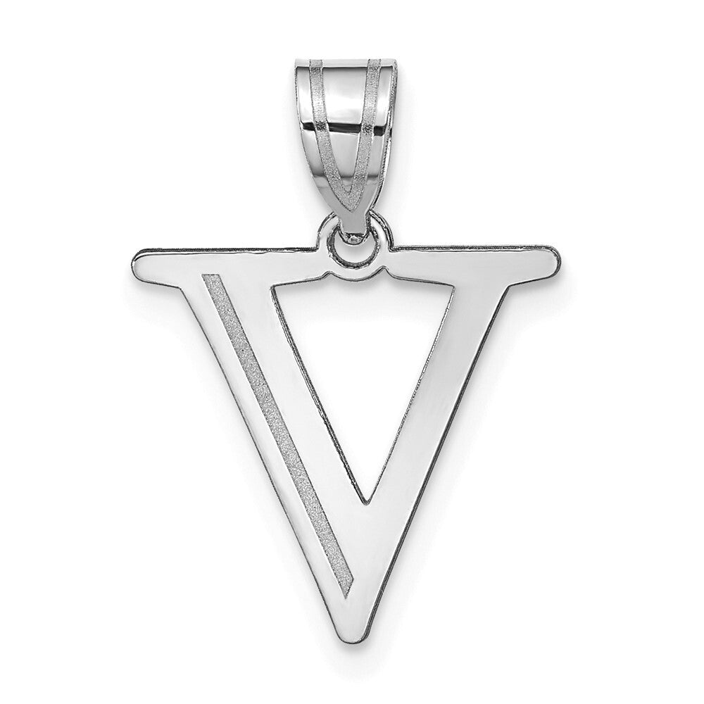 14k White Gold Polished Etched Letter V Initial Pendant for Women
