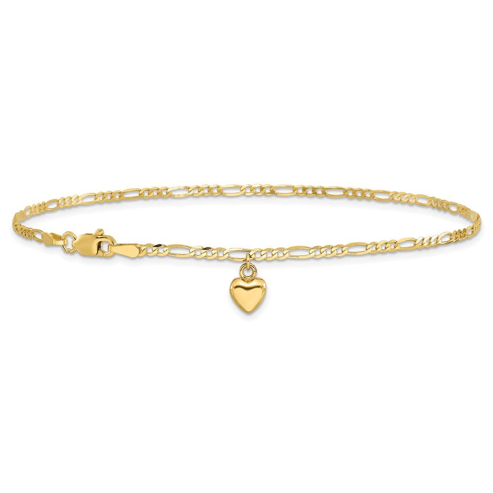 14k Yellow Gold Figaro Link Chain with Dangling Puffed Heart 9 inch Anklet