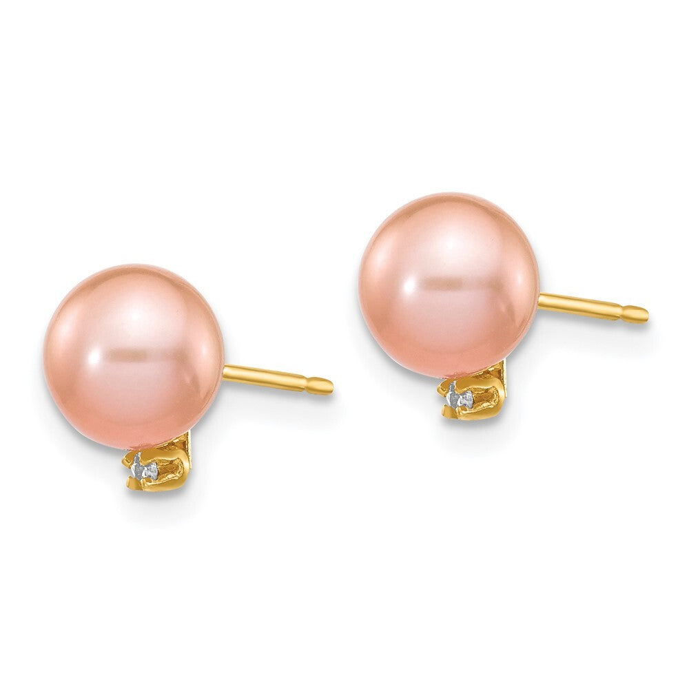14k Yellow Gold 5-6mm Pink Cultured Pearl & .02 Carat Diamond Stud Earrings