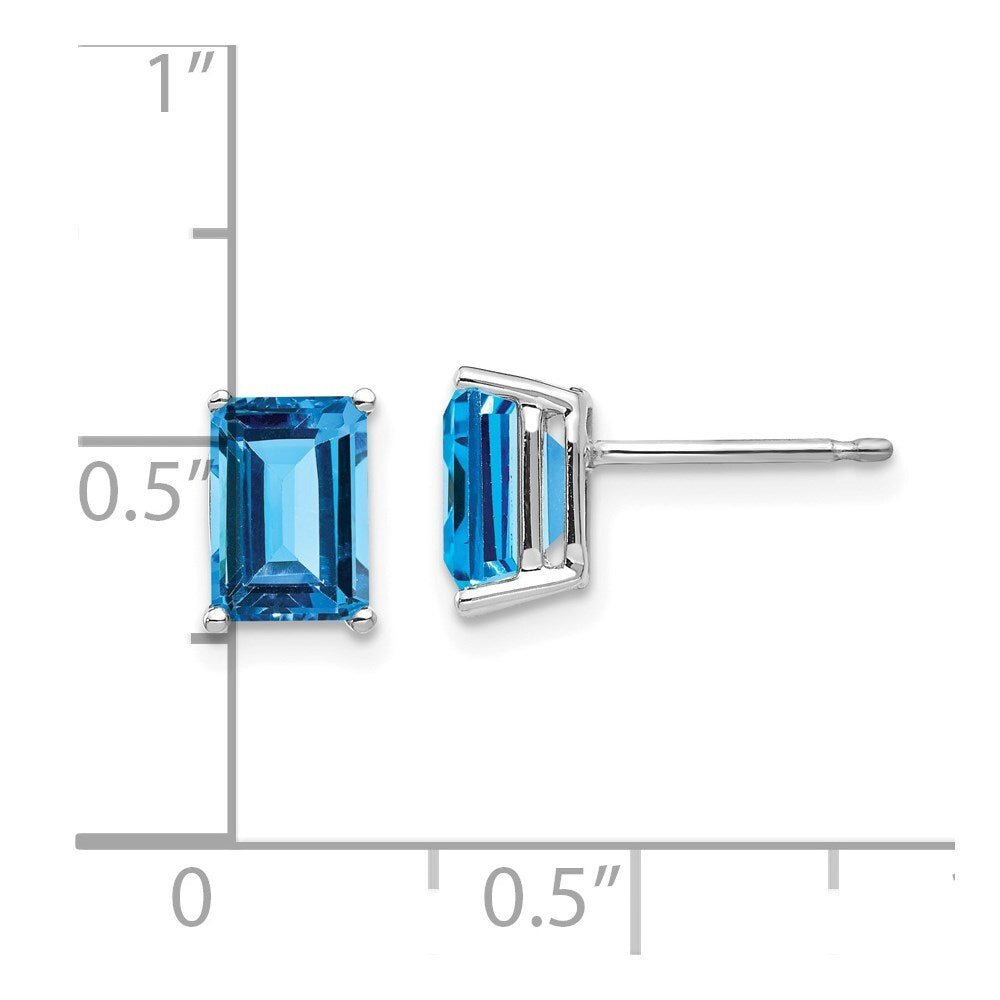 14k White Gold 7x5mm Emerald Cut Blue Topaz Stud Earrings Gift for Women