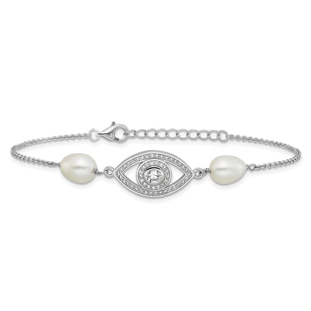 Sterling Silver 6mm Teardrop Cultured Pearl & CZ Evil Eye Bracelet 7" w/ 1" Ext