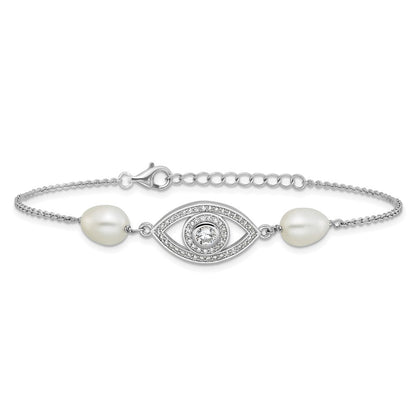 Sterling Silver 6mm Teardrop Cultured Pearl & CZ Evil Eye Bracelet 7" w/ 1" Ext