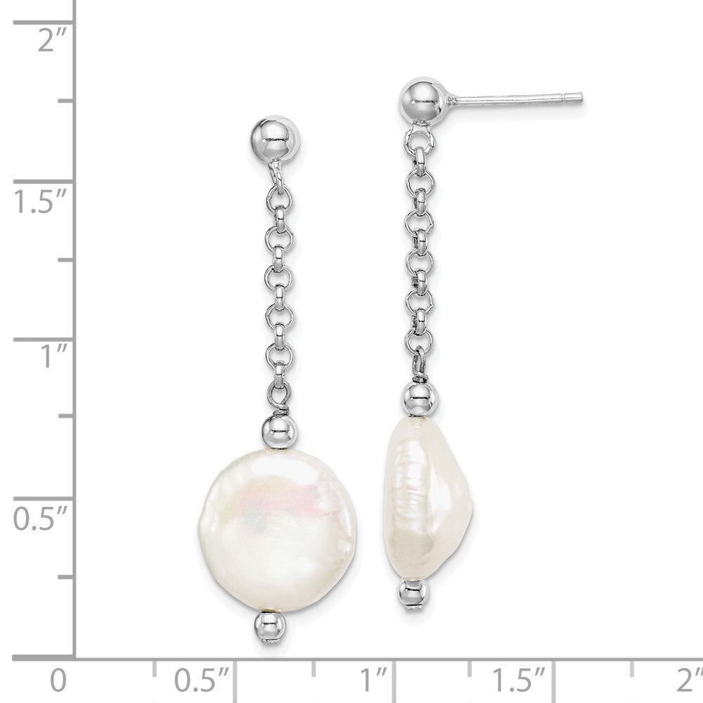 Sterling Silver 12-13mm Coin Freshwater Cultured Pearl Post Dangle Earrings