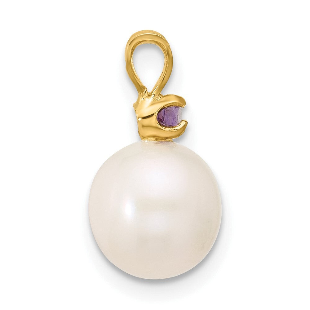 14k Yellow Gold 8-8.5mm White Round Freshwater Cultured Pearl & Amethyst Pendant