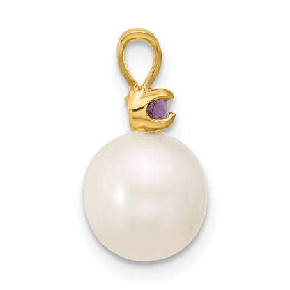 14k Yellow Gold 8-8.5mm White Round Freshwater Cultured Pearl & Amethyst Pendant
