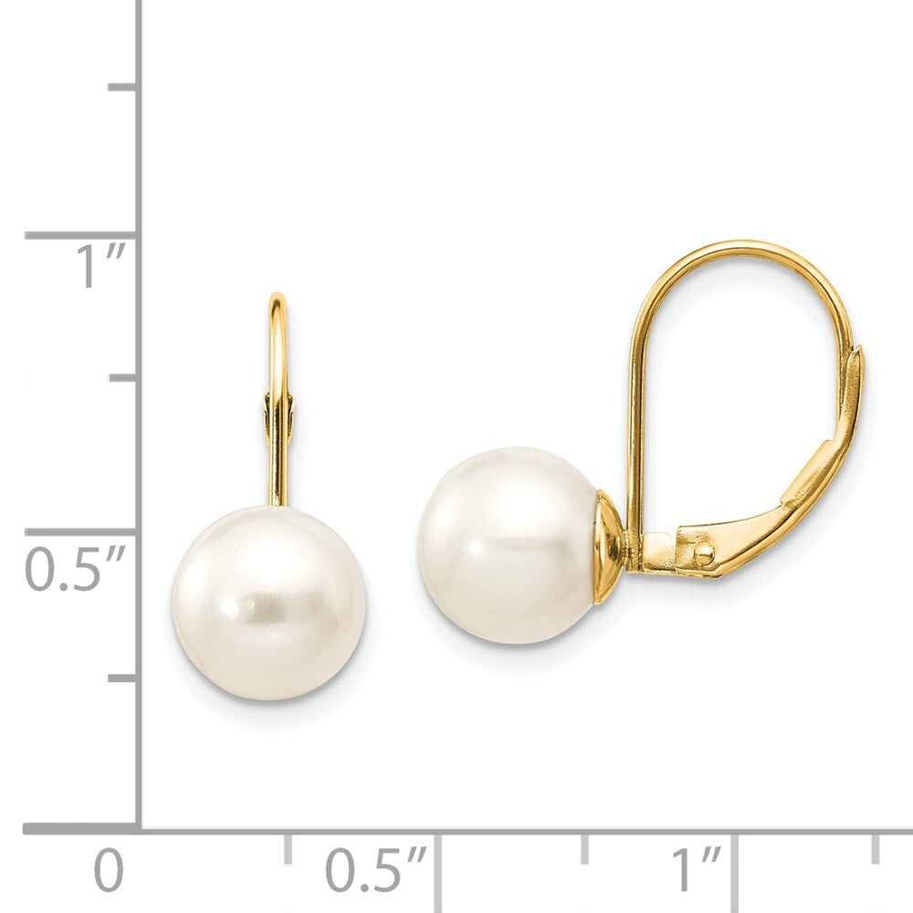 14k Yellow Gold 8-9mm White Round Freshwater Cultured Pearl Leverback Earrings