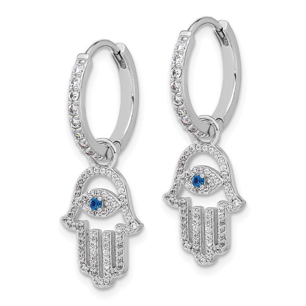 Sterling Silver Blue/White Cubic Zirconia Evil Eye Hamsa Dangle Hoop Earrings