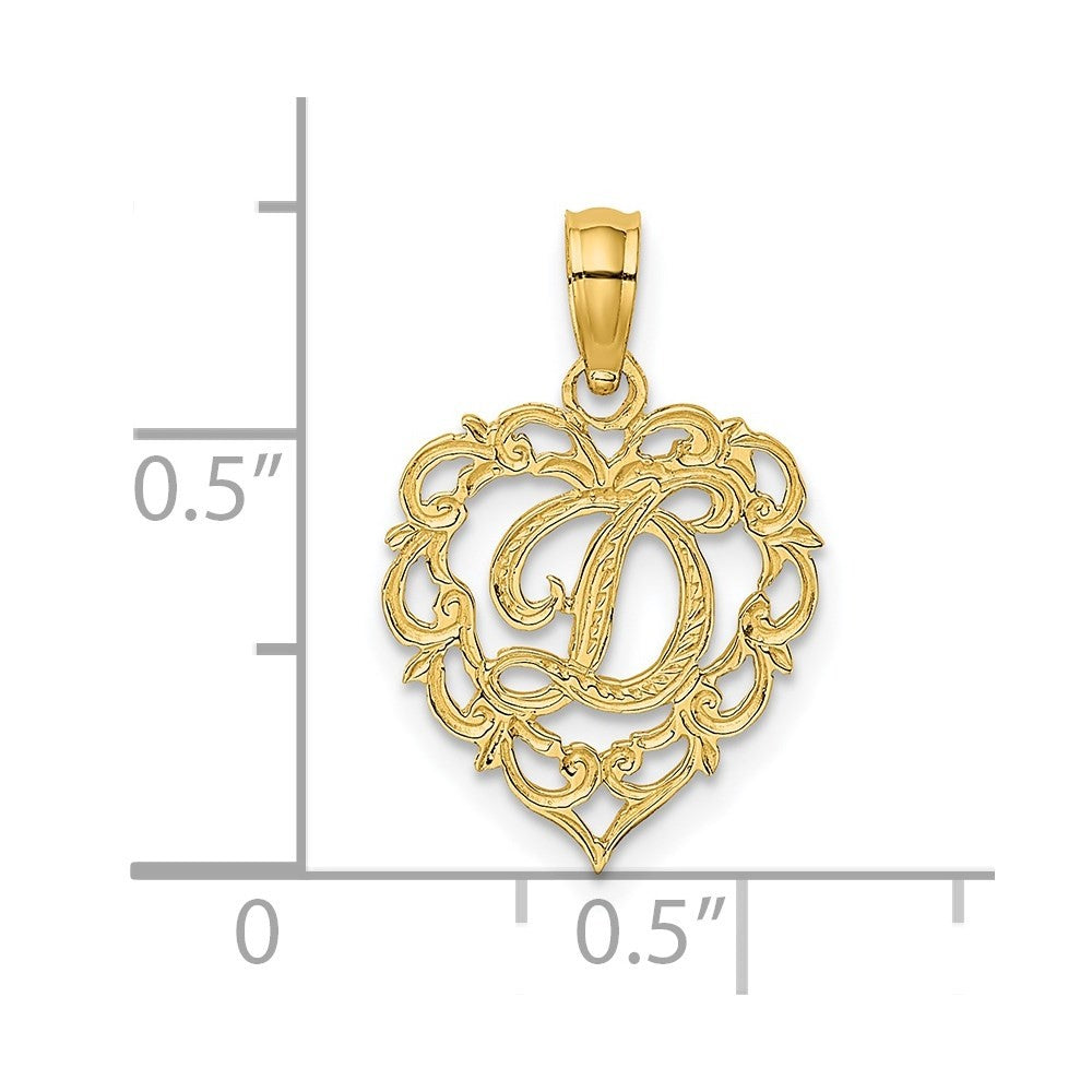 14k Yellow Gold Heart Script Letter D Initial Charm