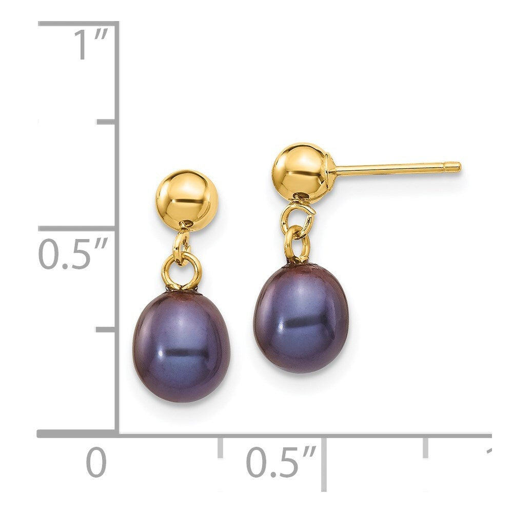 14k Yellow Gold 6-7mm Black Rice Freshwater Cultured Pearl Dangle Earrings