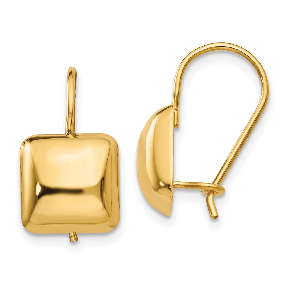 14k Yellow Gold Polished 9.5mm Puffed Square Kidney Wire Earrings
