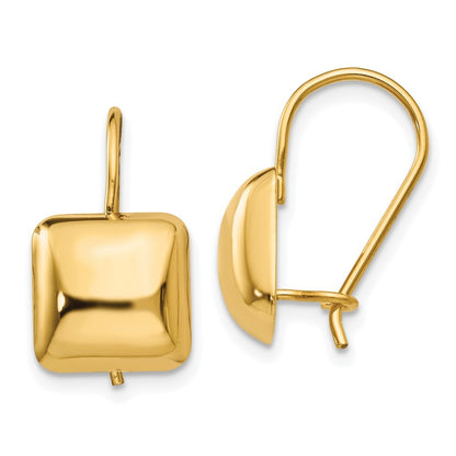 14k Yellow Gold Polished 9.5mm Puffed Square Kidney Wire Earrings