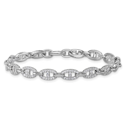 Sterling Silver Rhodium-plated Polished CZ Anchor/Mariner Link 7.25" Bracelet