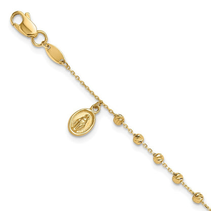 14k Yellow Gold  and Diamond-cut Miraculous Medal and Cross 7.5" Rosary Bracelet