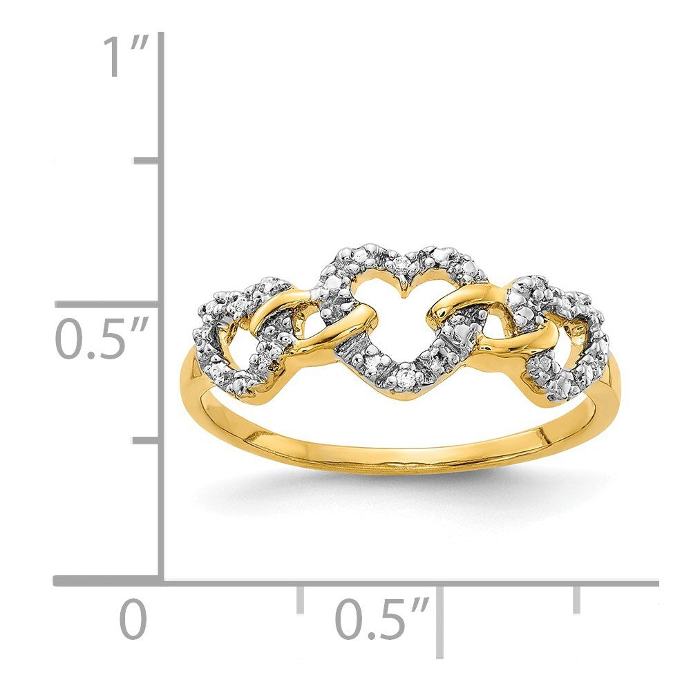 14K Yellow Gold Diamond Triple Heart Ring Size 7