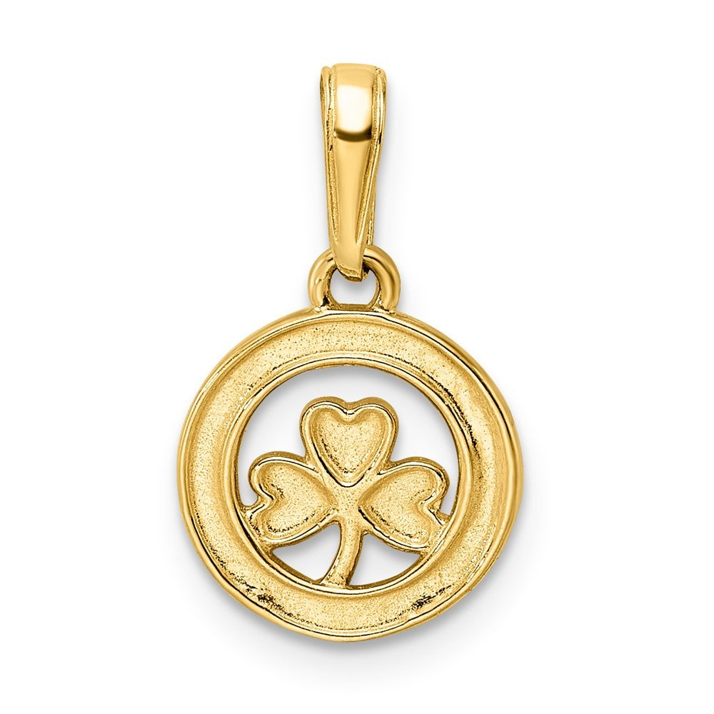 14k Yellow Gold and White Rhodium Diamond-cut Clover in Circle Pendant