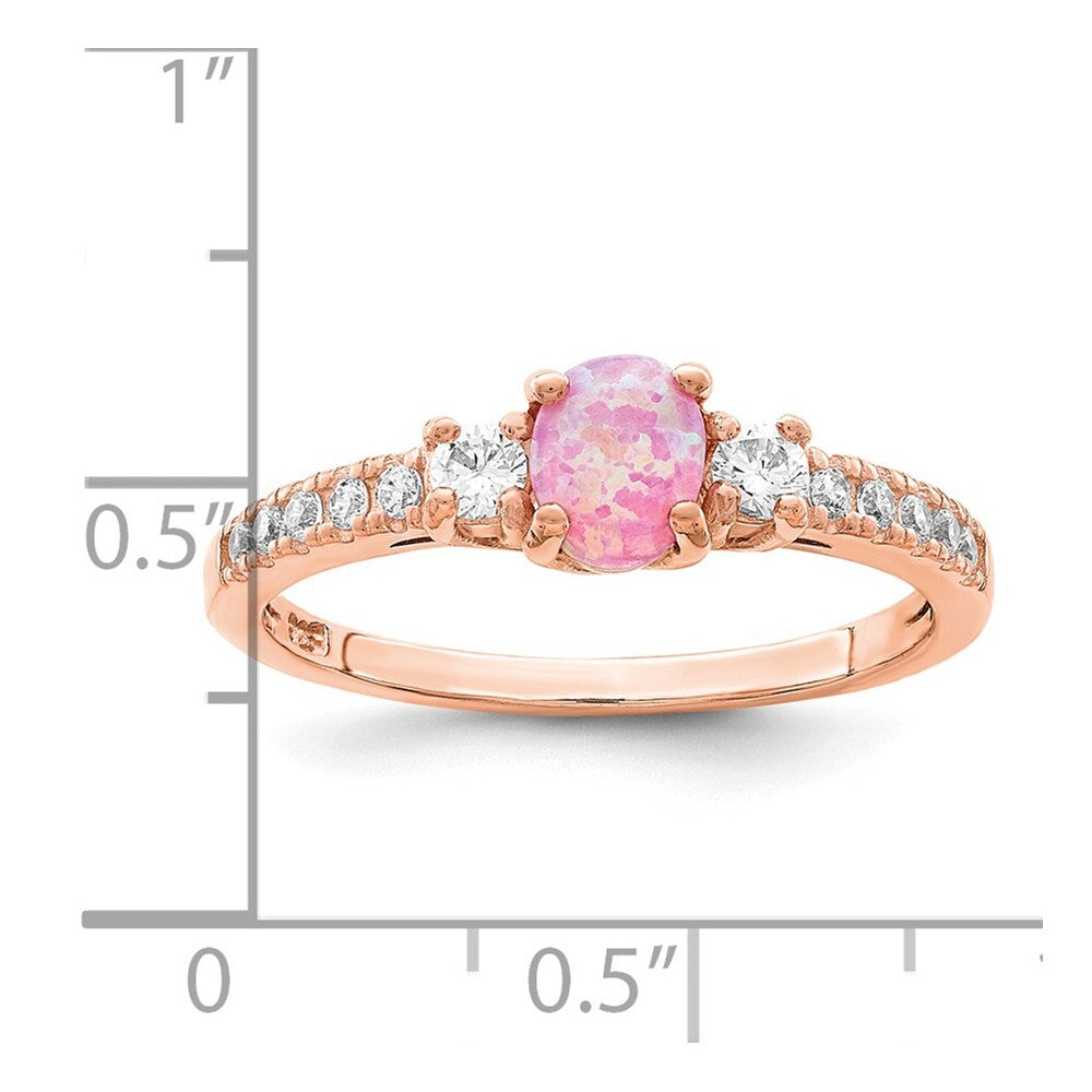 Sterling Silver Rose-tone Created Pink Opal and Cubic Zirconia Ring Size 7