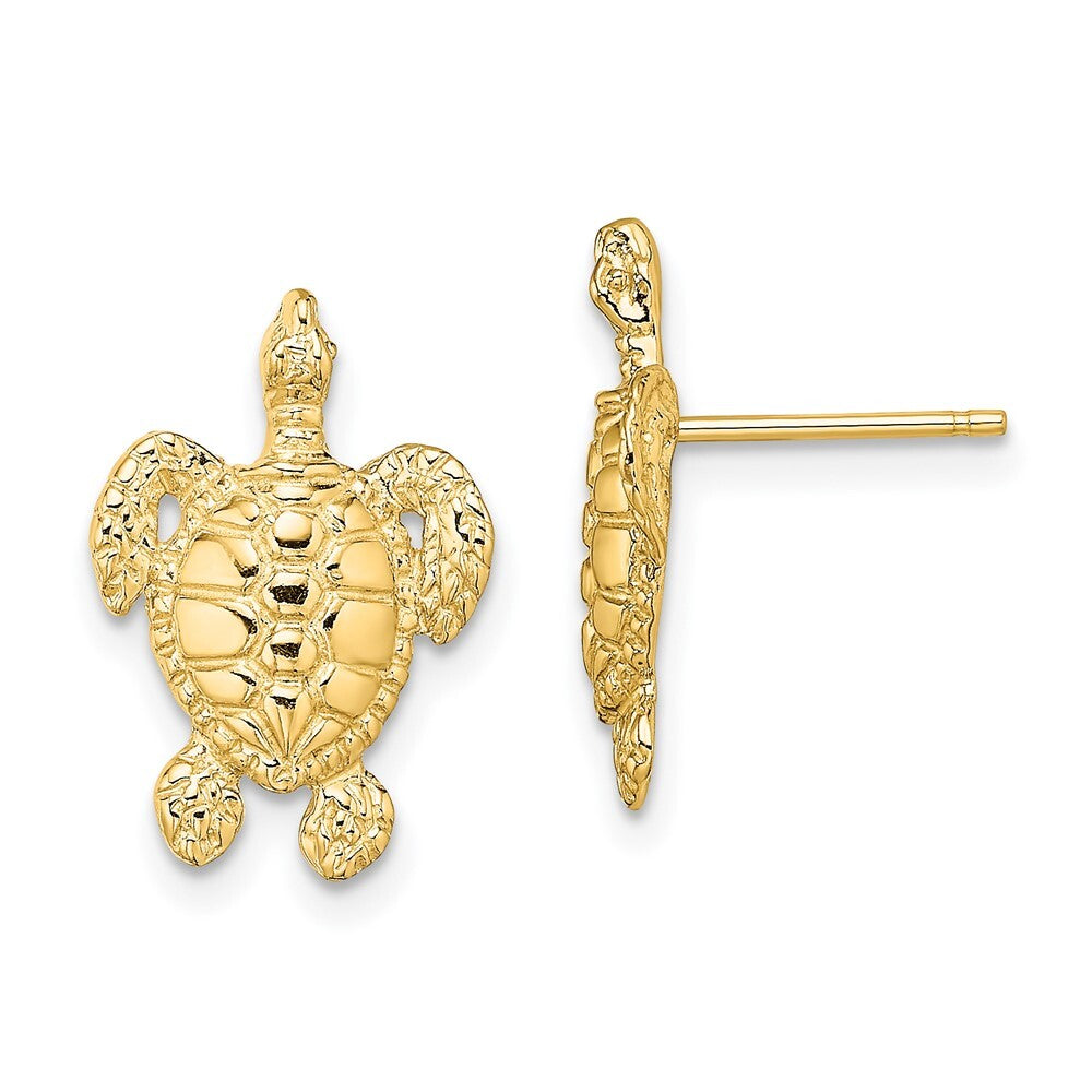 14k Yellow Gold Polished and Textured Sea Turtle Stud Earrings Gift for Women