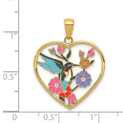 14k Yellow Gold Enameled Hummingbird Flowers Heart Pendant
