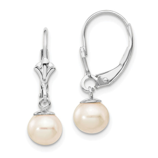 14k Gold 6-7mm Round Freshwater Cultured Pearl Dangle Leverback Earrings
