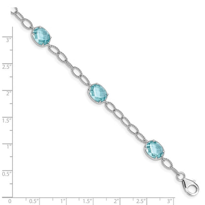 Sterling Silver Rhodium-plated Aqua Blue CZ Textured Link Bracelet