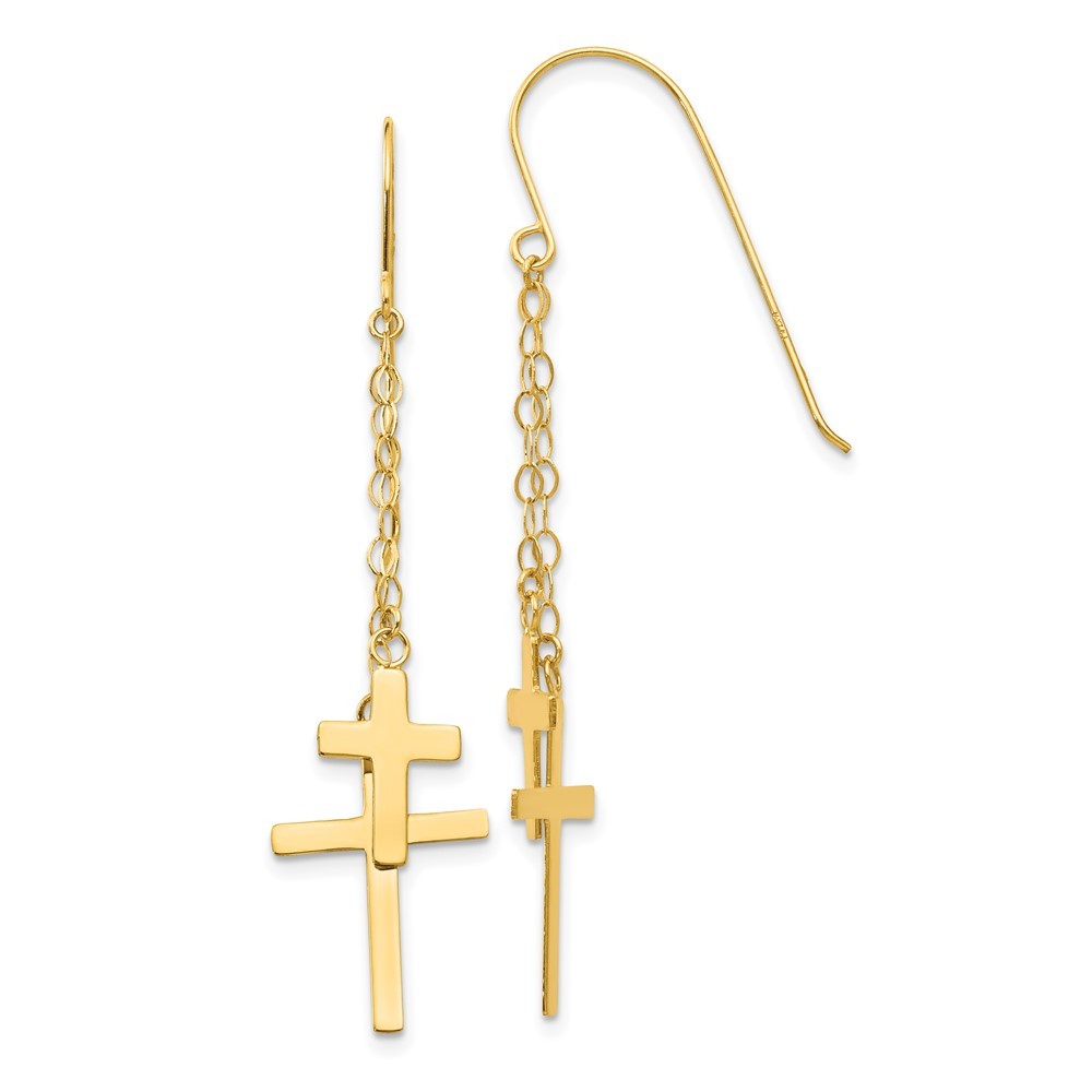 14k Yellow Gold Chain Dangle Cross Drop Dangle Earrings w/ Shepherd Hook