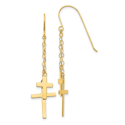 14k Yellow Gold Chain Dangle Cross Drop Dangle Earrings w/ Shepherd Hook