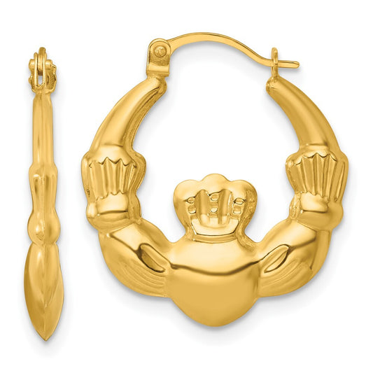 14k Yellow Gold Polished Claddagh Hoop Earrings Gift for Women