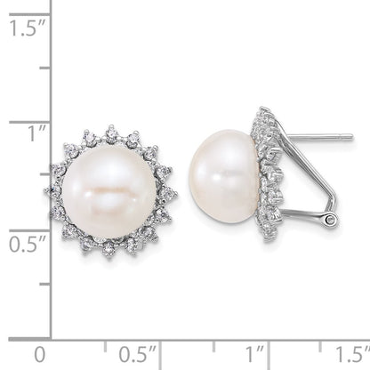 Sterling Silver 11-12mm Freshwater Cultured Pearl & CZ Halo Omega Back Earrings