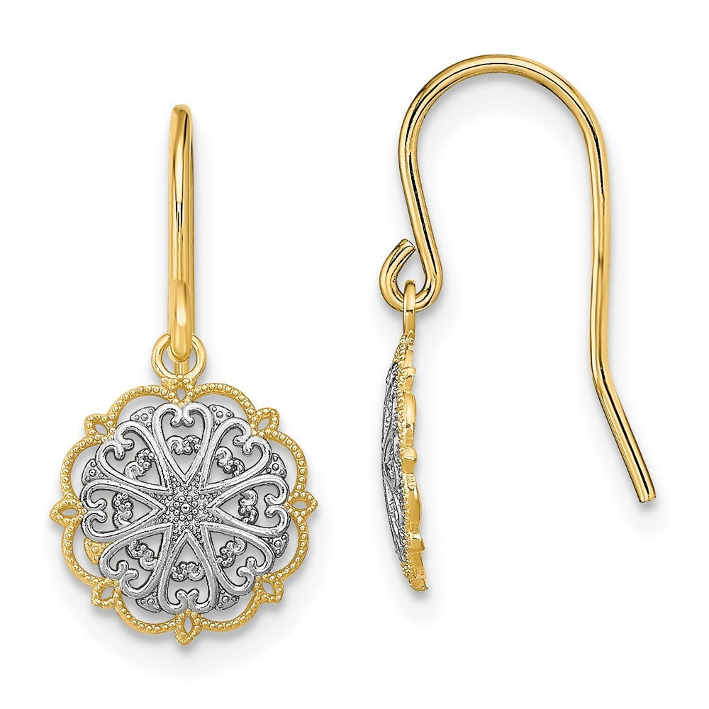 14k Yellow Gold and Rhodium Fancy Dangle Wire Earrings