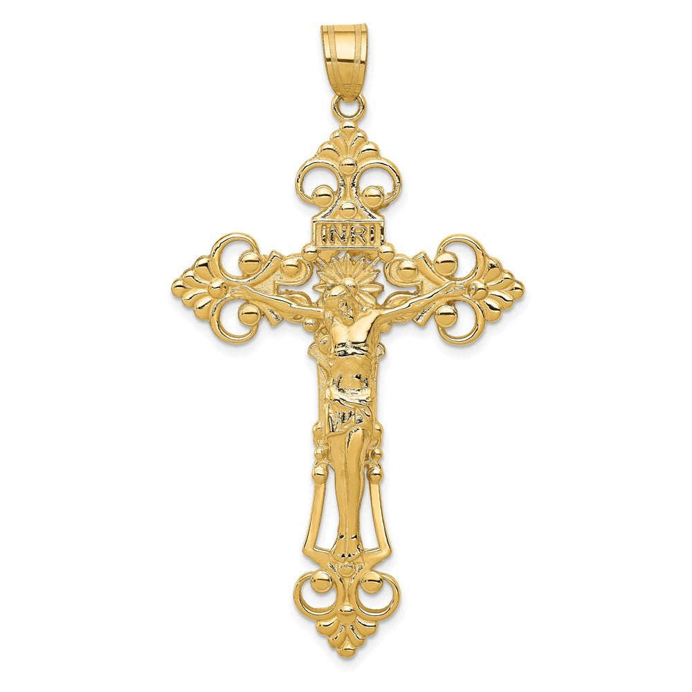 14k Yellow Gold INRI Fleur De Lis Crucifix Pendant